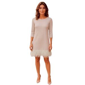 Britt Ryan Shimmer Lame Ostrich Feather Three Quarter Sleeve Event Dress Medium